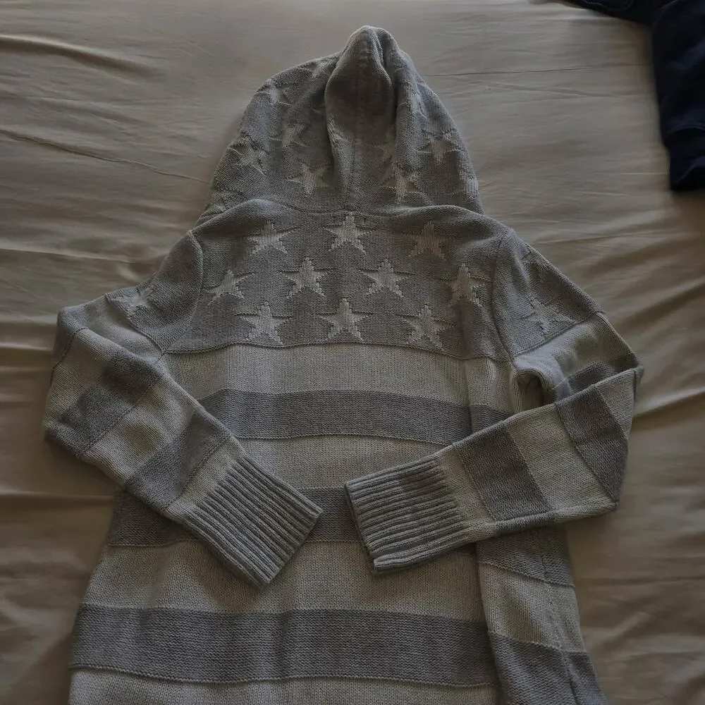 Eddie Bauer Sweater Womens Large 100% cotton grey stars Zip American Flag hoodie - Picture 3 of 8